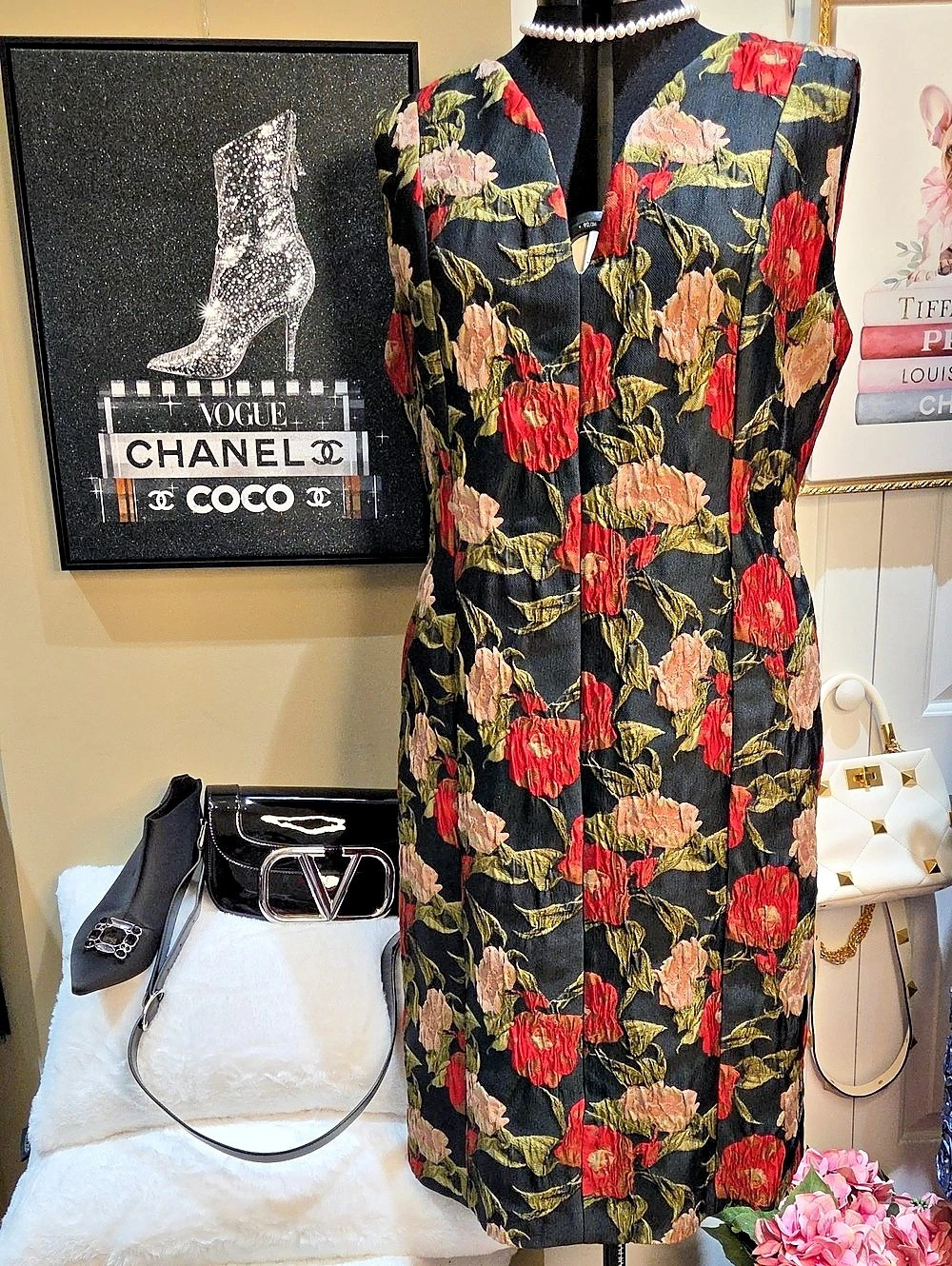 Nwot 16 Donna Karan Floral Midi Dress in Black & Red